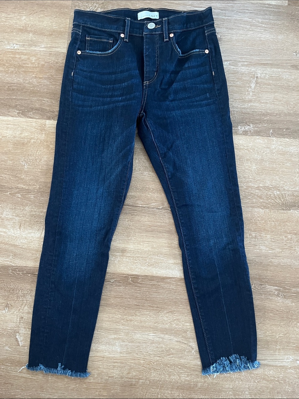 Loft Dark Blue Skinny Ankle Jeans with Frayed Hem